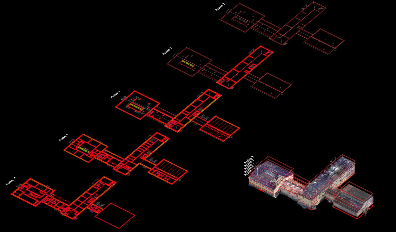 Zestawienie kondygnacji modelu 3D Szkoły Podstawowej w Rzuchowej.