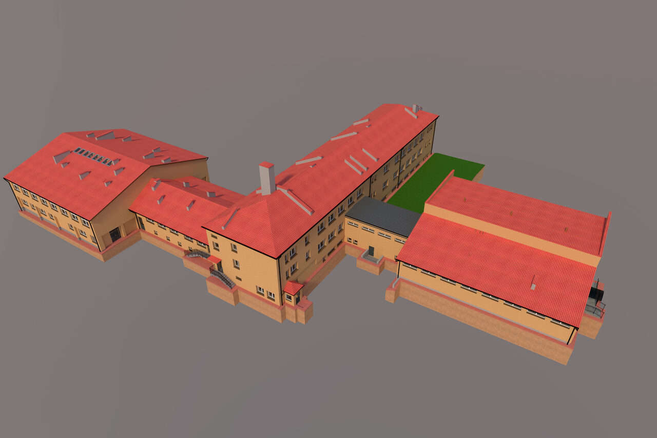 Model 3D budynku Szkoły Podstawowej w Rzuchowej.