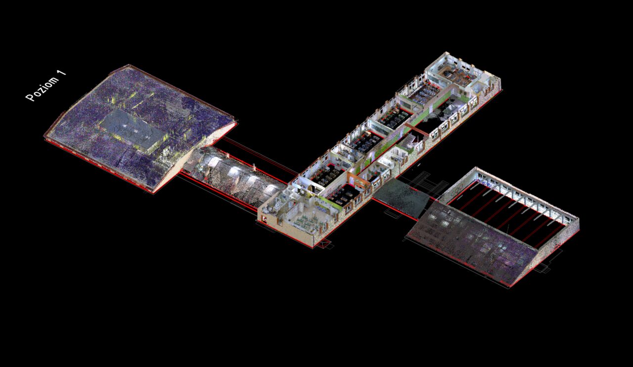Model 3D szkoły – poziom 1 z dachami części bocznych.