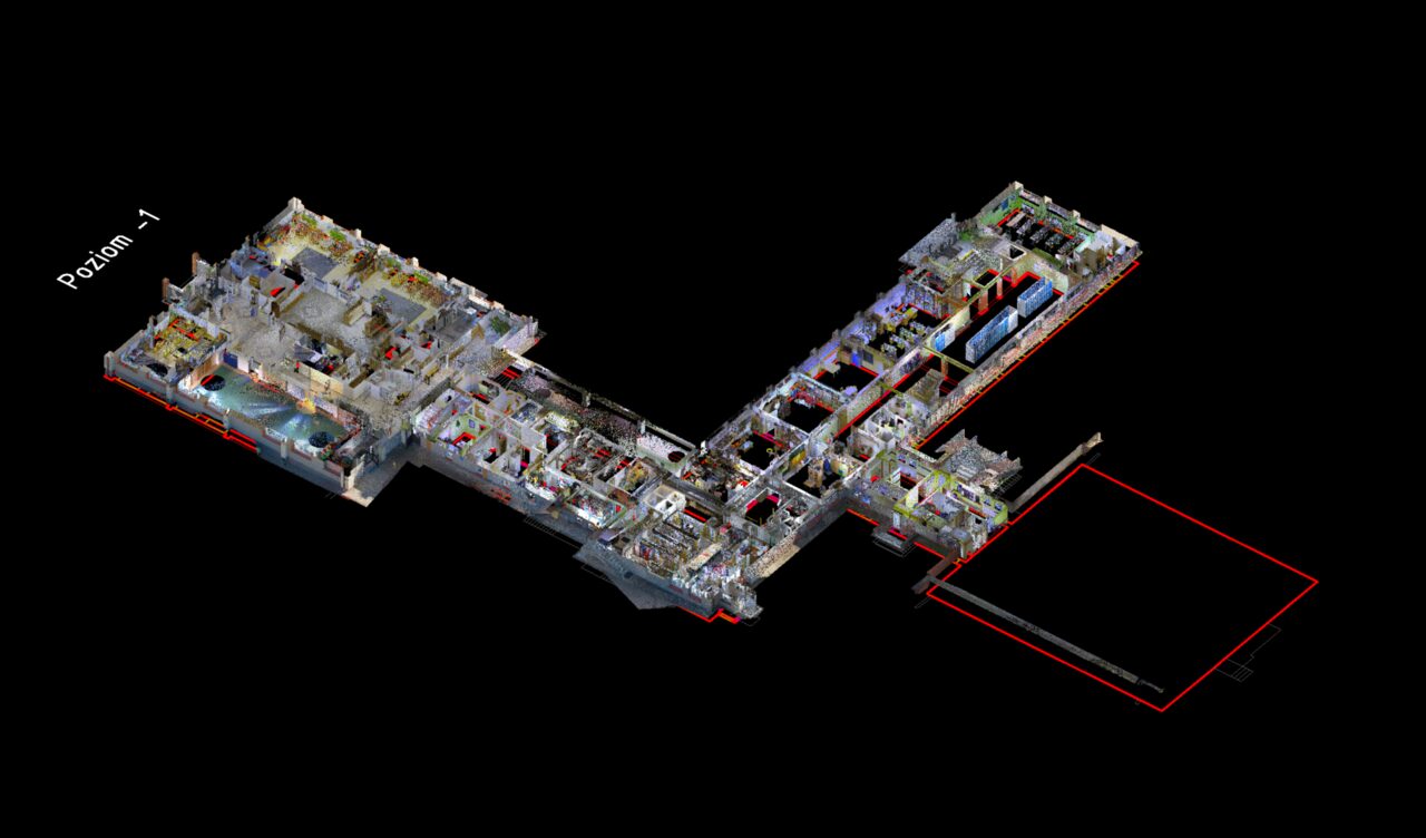 Model 3D szkoły – przekrój na poziomie 1.